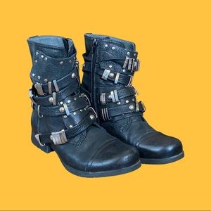 Size 38 US 7 black leather combat boots with straps and buckles and studs